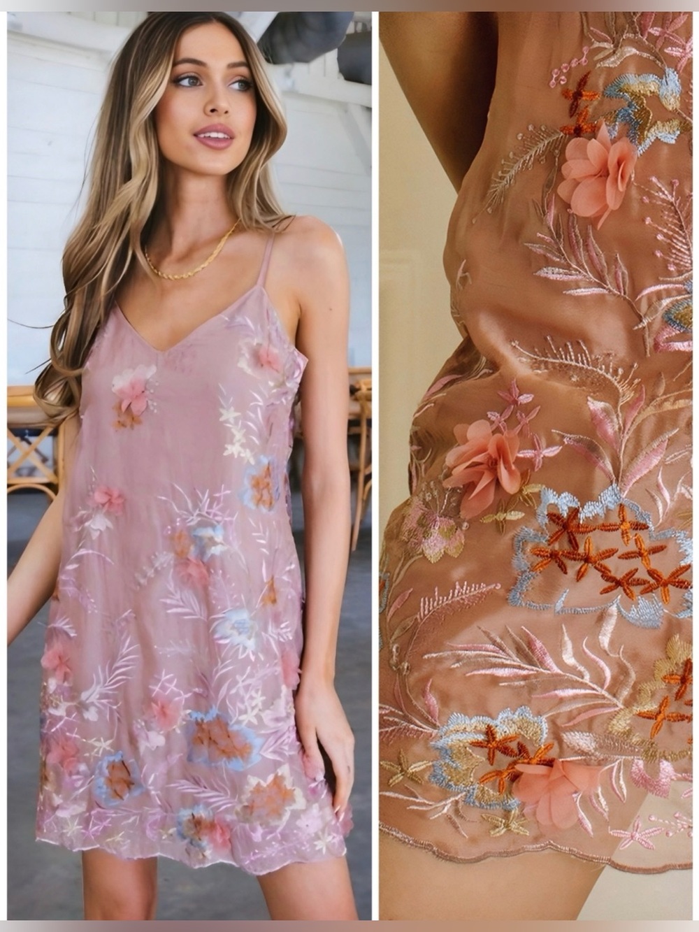 NWT Storia 3D Floral Embroidered Slip Mini Dress Mauve